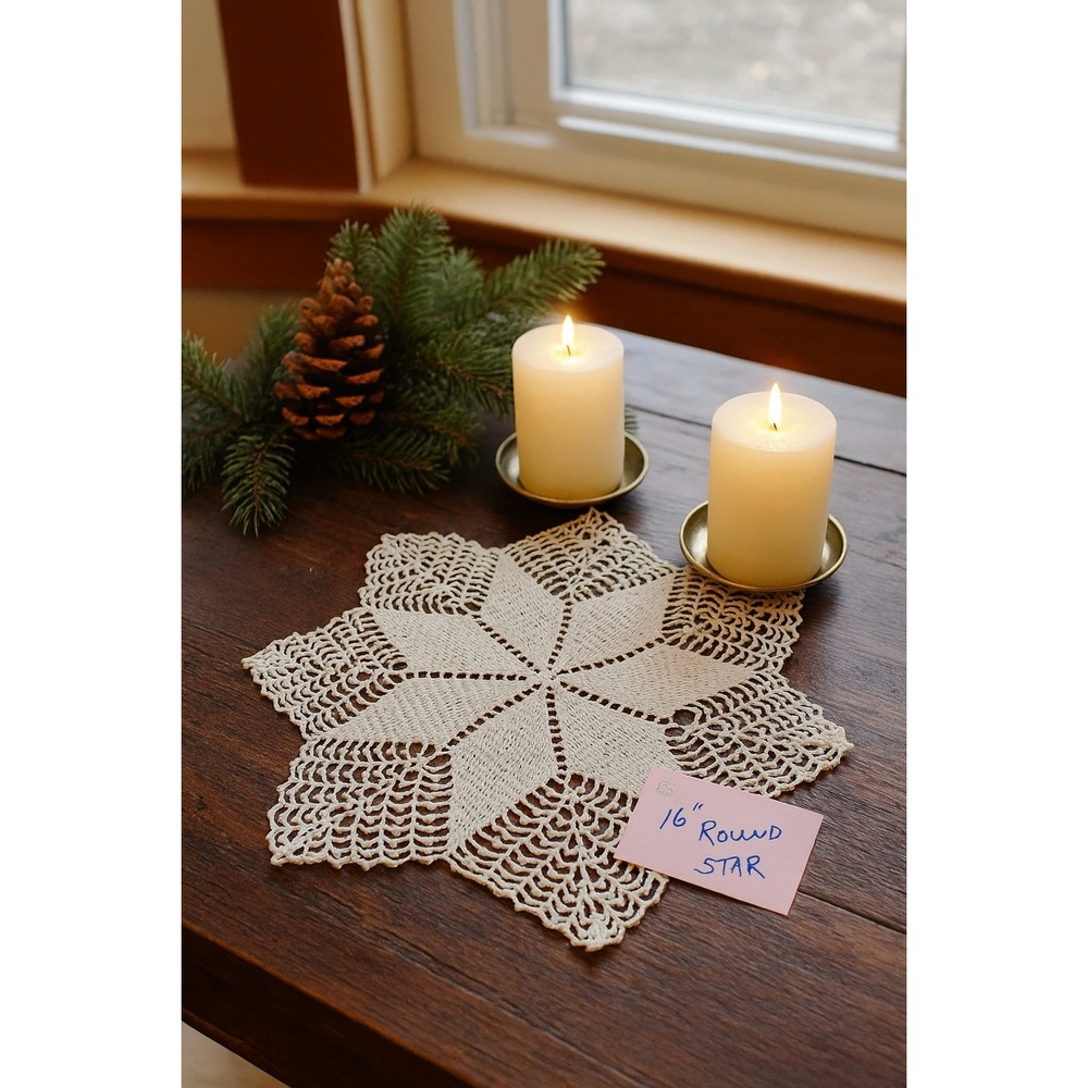 Handmade Vintage Crochet Round Star‎ Doily 16 Inch #I
